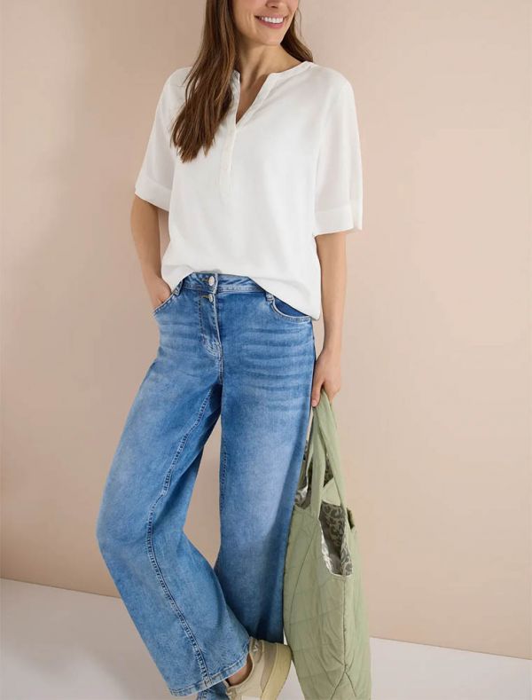 Blusa manica corta con scollo a v. ch... - bianco