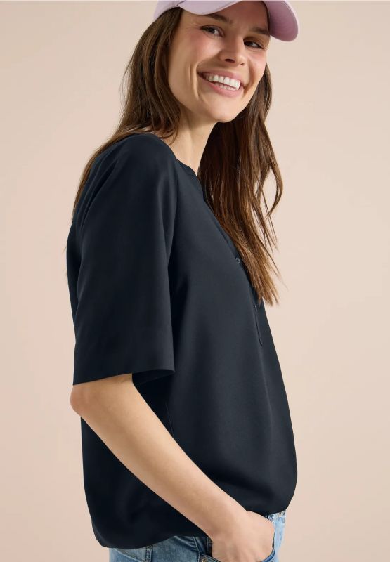 Blusa manica corta con scollo a v. ch... - blu