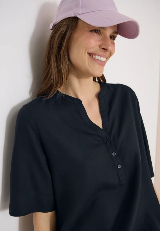 Blusa manica corta con scollo a v. ch... - blu