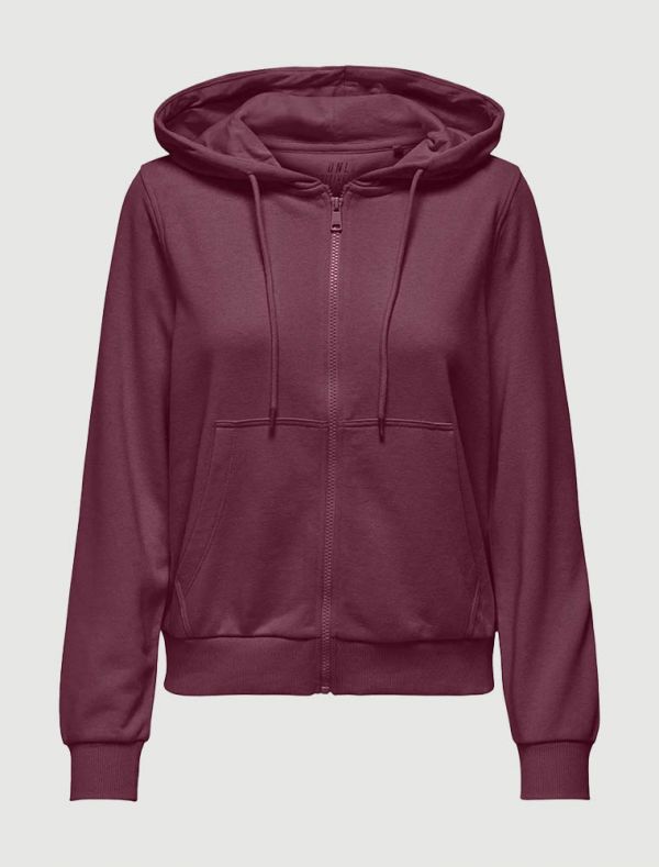 MAGLIA IN FELPA CON ZIP E CAPPUCCIO Only - bordeaux