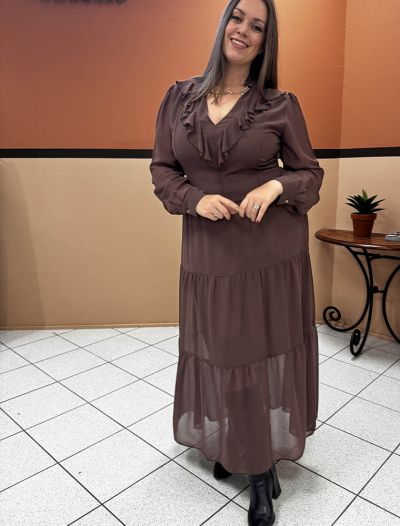 Abito lungo ampio. maniche con elasti... - cioccolato