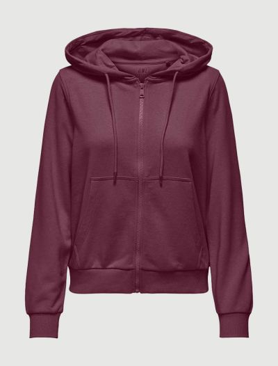 MAGLIA IN FELPA CON ZIP E CAPPUCCIO Only - bordeaux